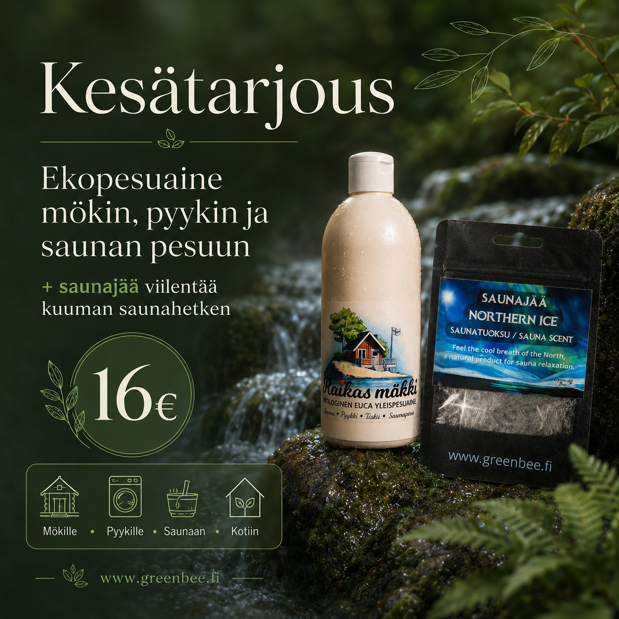 Kesätarjous Raikas Mökki ekopesuaine + Saunajää Northern Ice